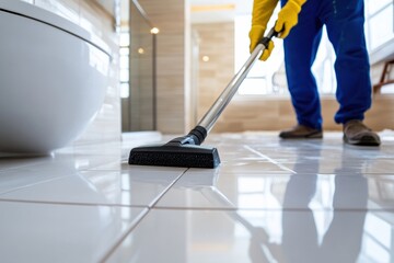 A dedicated individual is vacuuming a modern bathroom floor, emphasizing the significance of cleanliness and upkeep in personal spaces for health and comfort.
