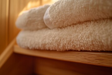Plush White Terry Towels Folded on Wooden Shelf in Warm Light