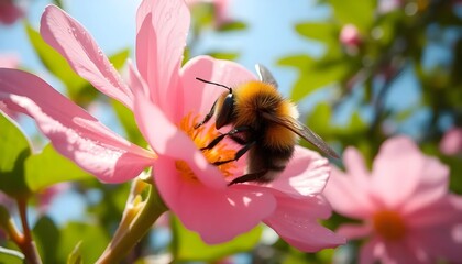 A captivating close-up of a fuzzy bumblebee meticulously collecting nectar from a beautiful, pink flower.