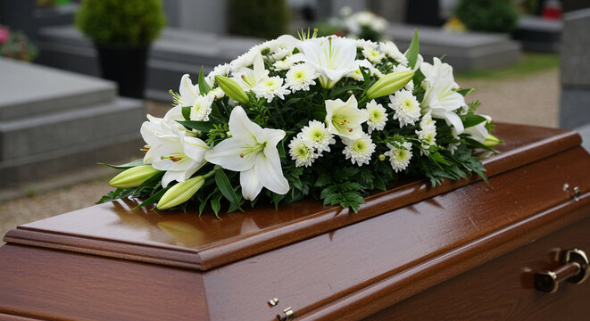 Disposition florale fun&eacute;raire avec des lys blancs et des chrysanth&egrave;mes sur un cercueil en bois avec un couvercle ferm&eacute;, dans un cimeti&egrave;re. Photographies de fun&eacute;railles