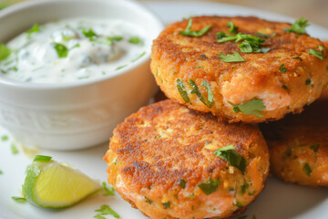 Homemade salmon fishcakes with spicy lime yogurt dip