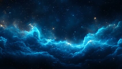Obraz premium Glowing blue nebula formation against dark space background with bright stars and cosmic clouds creating ethereal atmospheric scene. Suitable for science and fantasy designs.