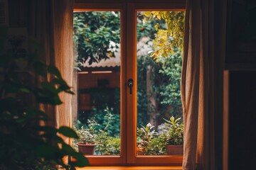 Fototapeta premium Cozy Window View with Plants and Sunlight Casting Warm Glow on Curtains in Comfortable Home