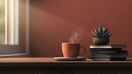 Obraz premium A warm beverage and a potted plant sit on a wooden surface