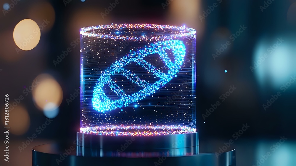 Poster glowing holographic dna strand in blue light floating inside cylindrical display with sparkles and p