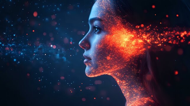 Young woman profile with glowing orange and blue particle effect dissolving her face against dark background, representing transformation and digital consciousness.