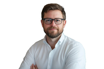 Fototapeta premium Business professional wearing glasses poses confidently against a plain background in a bright office setting