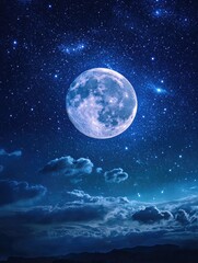 Fototapeta premium A large blue moon is in the sky above a cloudy night. The sky is dark and the stars are visible
