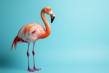Flamingo standing gracefully against a vibrant blue background displaying its stunning feathers
