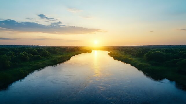 Tranquil river landscape at sunset with golden sun reflection on calm water surface, lush green riverbanks and soft clouds in pastel sky. For nature and travel designs.