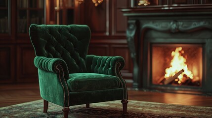 Emerald green velvet armchair by fireplace in a classic library.