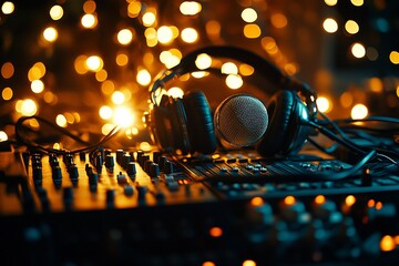 Headphones and microphone on a mixing console with bokeh lights.