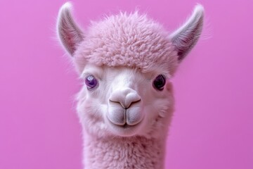 Obraz premium Cute pink llama poses against a vibrant pink background showcasing its fluffy fur and adorable expression