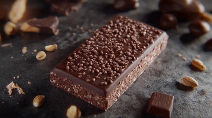A chocolate bar sprinkled with nuts, looking deliciously tempting and ready to eat.