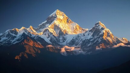 Majestic snow-capped mountain peak at sunrise, bathed in golden light.