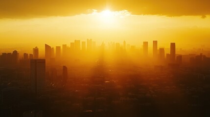 Golden sunset over hazy city skyline.