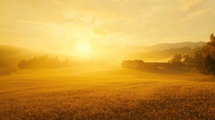 Obraz premium Golden sunrise over foggy field with farmhouse.