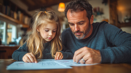 Father helps daughter with drawing activity at home in cozy setting