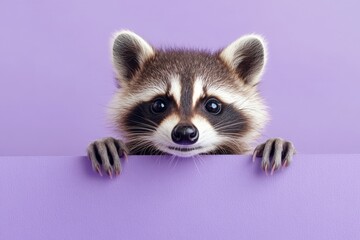 Obraz premium Curious raccoon peeking over a purple surface, showcasing fine details of the animal's features and playful expression