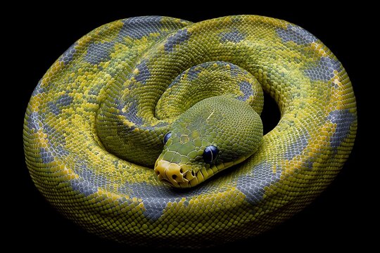Green tree python coiled, isolated on black background.