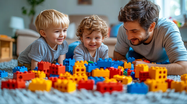 Joyful moments of father and sons playing together with colorful building blocks in a cozy family home