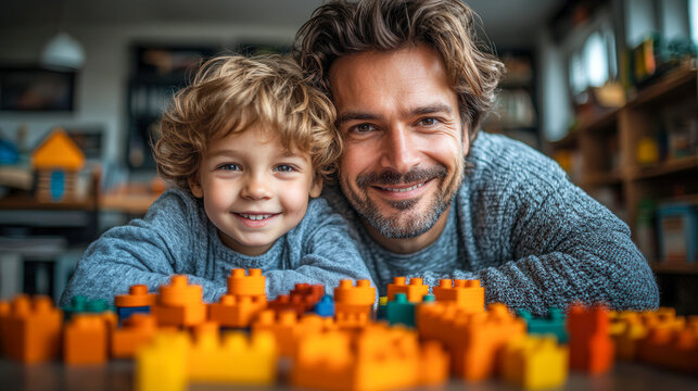Father and son enjoying playtime together with colorful building blocks at home in a cozy setting
