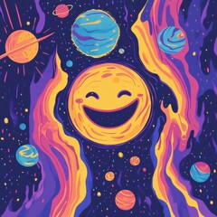 Fototapeta premium Smiling sun character with planets and cosmic colorful background