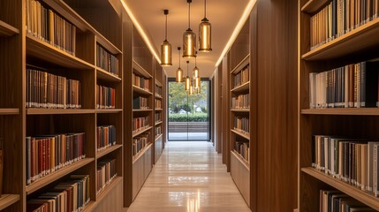 Obraz premium Modern library interior with bookshelves, lights, and a view.