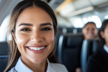 Fototapeta premium A smiling cabin crew member showcases a bright personality in the airplane, ready to assist passengers while creating a friendly and welcoming environment during the flight.