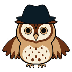 Cartoon Illustration of a Cute Owl Wearing a Fedora Hat: Whimsical Character Design with Bold Outlines and Flat Colors, Perfect for Children's Products and Playful Graphics.

