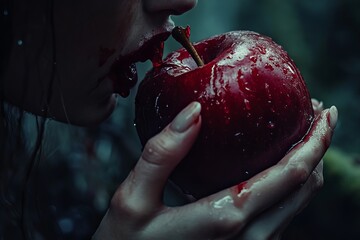 Bloody Red Apple Woman Dark Fantasy Gothic Mysterious Enigmatic Supernatural Horror Dramatic Intense Sensual Temptation Forbidden Fruit Witchcraft    