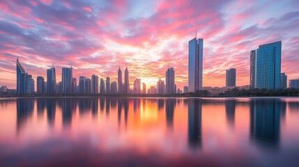 Obraz premium Vibrant sunrise over calm lake reflecting modern cityscape skyline.