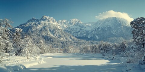 Fototapeta premium A picturesque alpine landscape with snow-covered mountains and a clear blue sky.