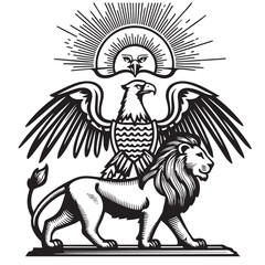 Heraldic Emblem Vector Illustration, Eagle and Lion Motif with Sunburst, Classic Coat of Arms Design, Monochromatic Engraving Style for Historical and Decorative 