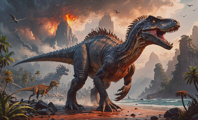 Naklejka premium Large dinosaur is walking on a beach with other dinosaurs in the background. The scene is set in a prehistoric time period, and the mood is one of adventure and exploration