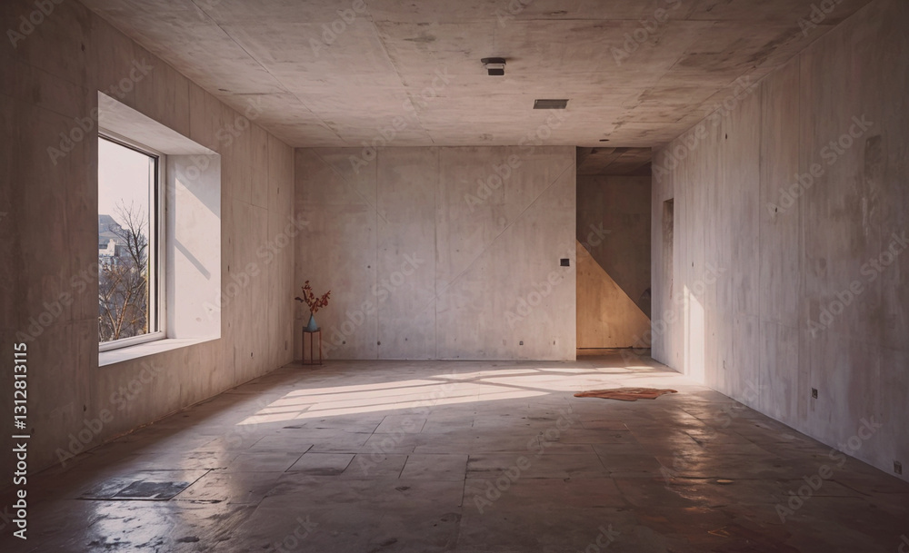Aufkleber large empty room with a window and a vase on a table. the room is bare and empty, with no furniture 