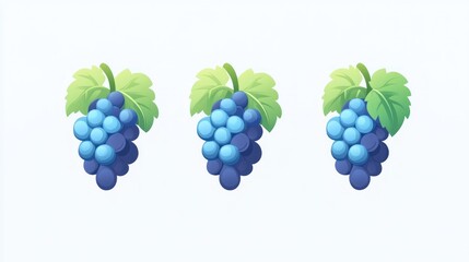 Three bunches of blue grapes on white background. Illustration for food design or educational purposes