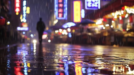 Obraz premium Rainy night street scene in a vibrant Asian city.