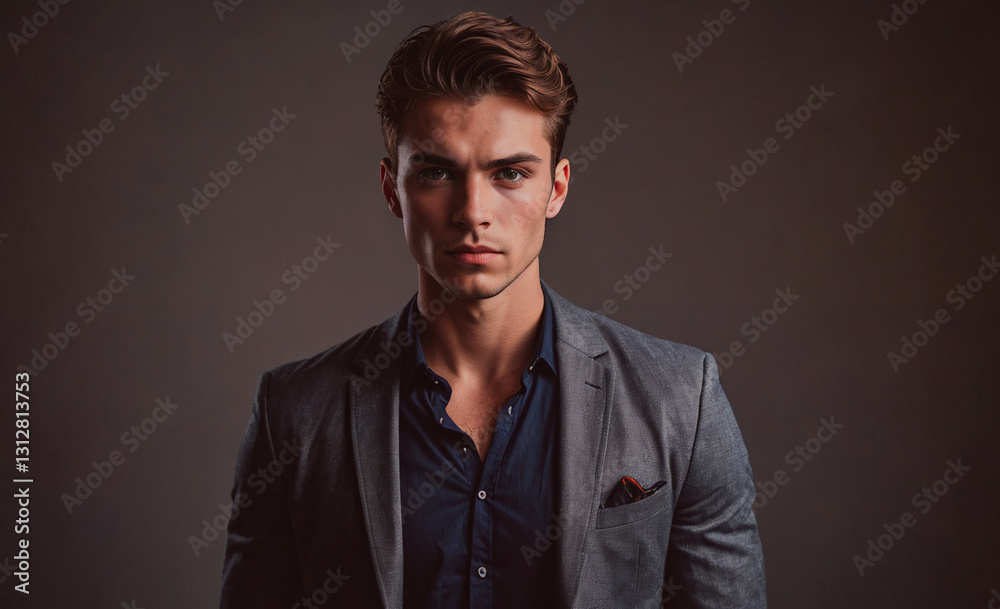 Aufkleber man in a suit and tie is standing in front of a wall. he is wearing a blue shirt and a grey jacket