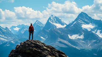 Hiker Snowcapped Mountain Peak Adventure Travel Landscape