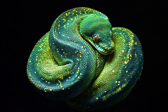 Green tree python coiled in a ball against a black background.