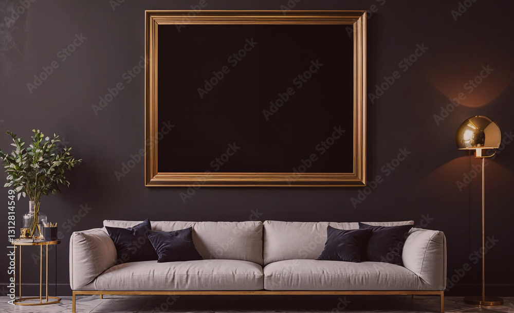 Poster large framed mirror hangs on a wall in a room with a couch and a lamp. the room has a modern and sop