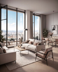 Fototapeta premium Bright and airy beige minimalist living room with large second floor window revealing a panoramic city view and natural light Interior Design Inspiration