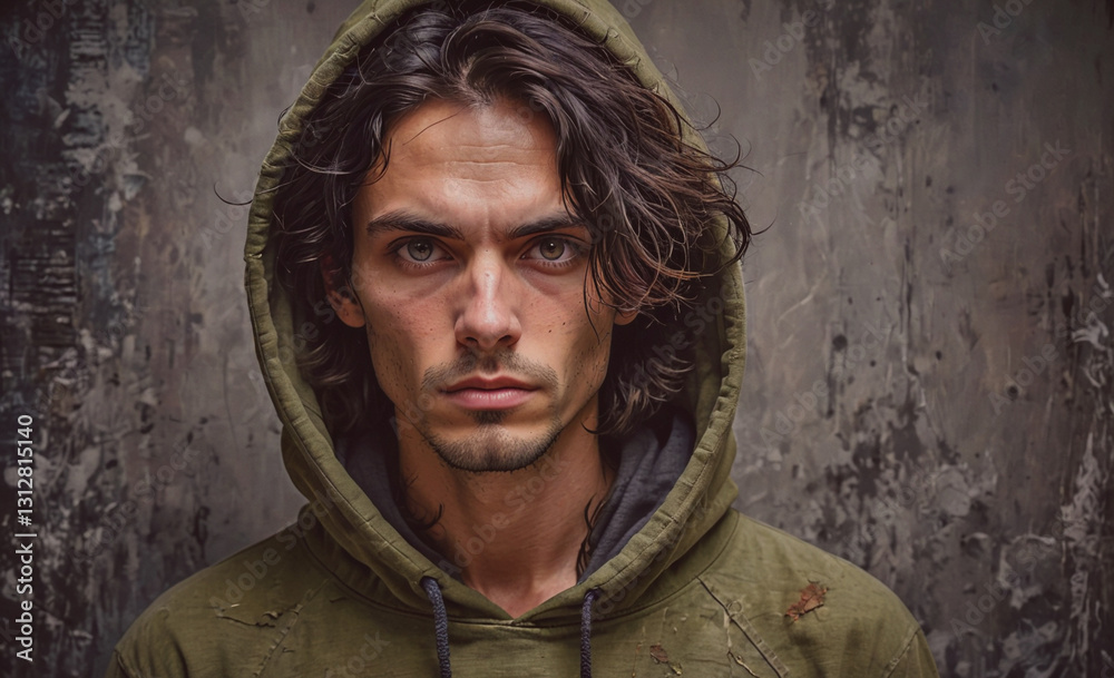 Poster man with long hair is wearing a green hoodie and looking at the camera. the image has a moody and so