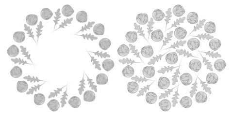 Brussels sprout heads Arugula leaves Circular Frame Background Healthy food Copyspace Template Set 2