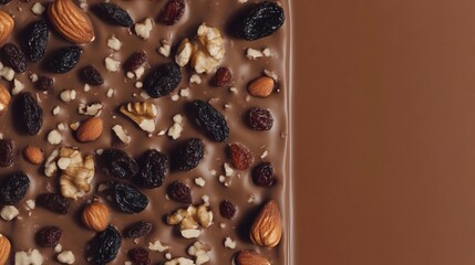 Fototapeta premium Indulgent chocolate bar with dried fruits and nuts on a brown background