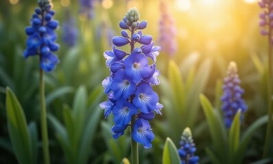 Beautiful blue flowers in sunlight