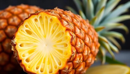 This close-up image highlights the juicy, vibrant yellow interior of a sliced pineapple.