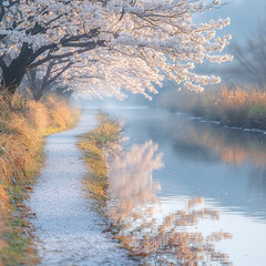  mirror-like morning cherry blossom path