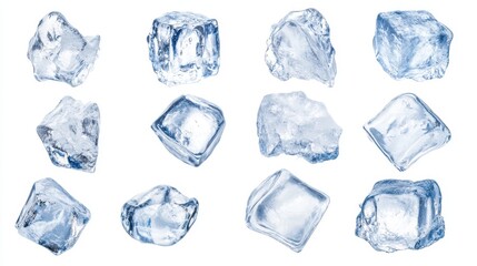 Obraz premium A collection of ice cubes isolated on a white background, showcasing various shapes and sizes of frozen ice pieces.